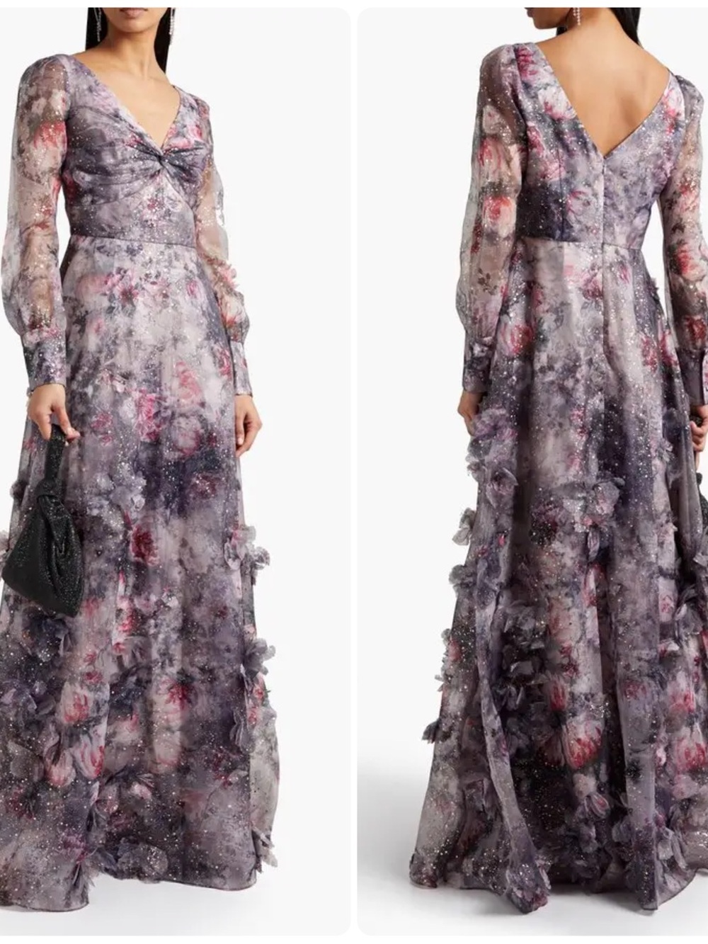 MARCHESA Twisted Floral Appliquéd Printed Organza Gown Mauve Lilac - Picture 1 of 16